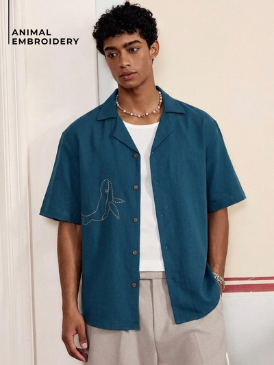 Bird Embroidery Cuban Collar Shirt