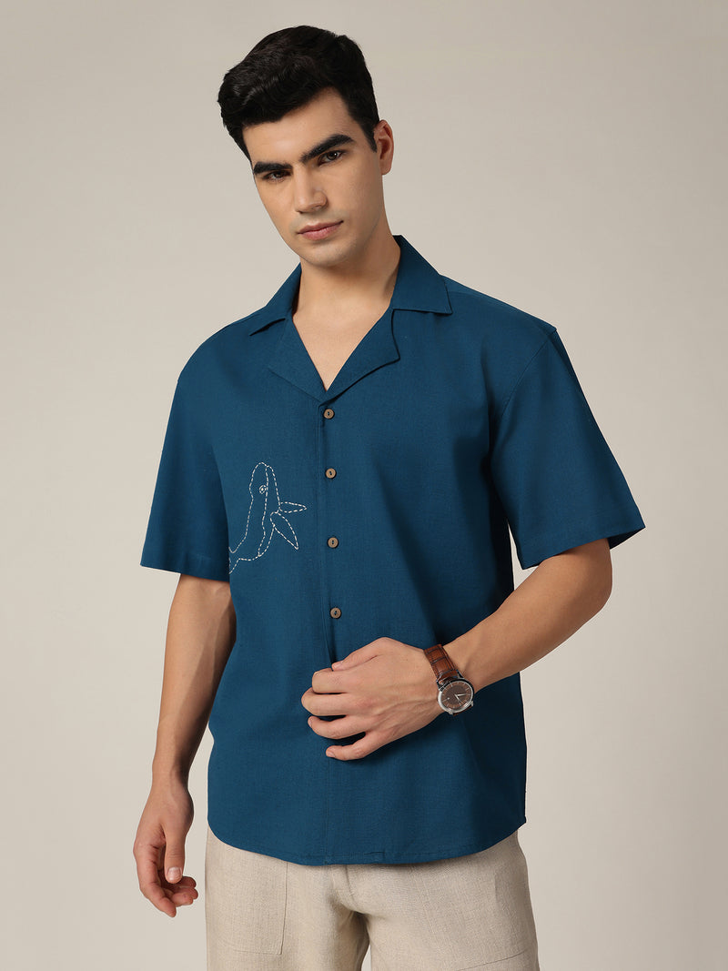 Blue: Embroidered Drop Shoulder Oversized Shirt
