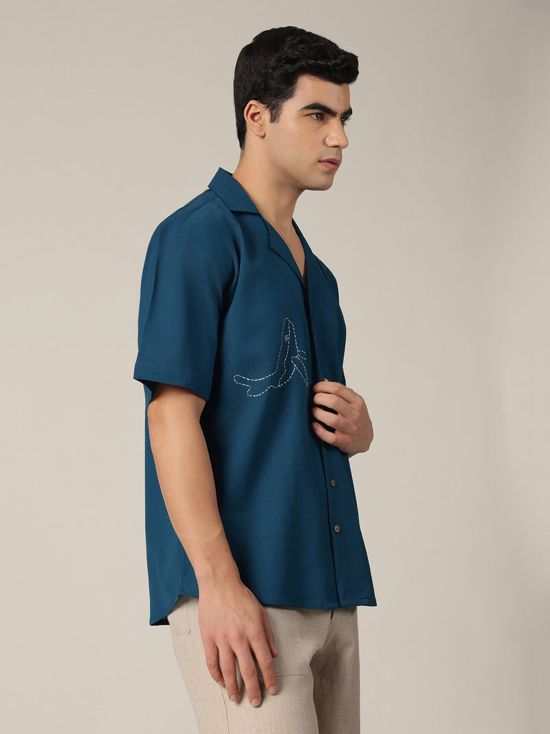 Blue: Embroidered Drop Shoulder Oversized Shirt