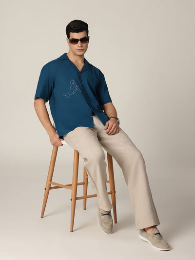 Blue: Embroidered Drop Shoulder Oversized Shirt