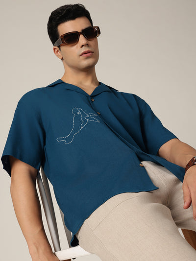 Blue: Embroidered Drop Shoulder Oversized Shirt