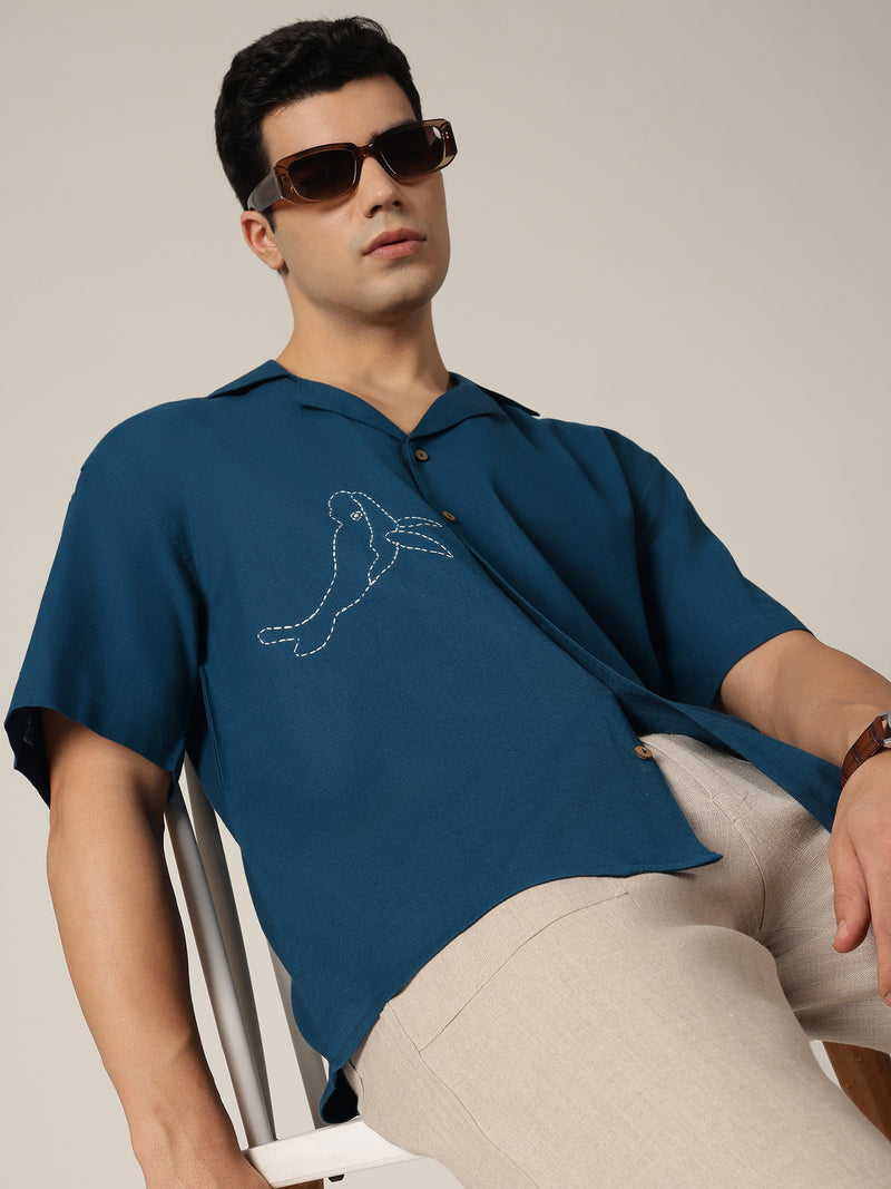 Blue: Embroidered Drop Shoulder Oversized Shirt