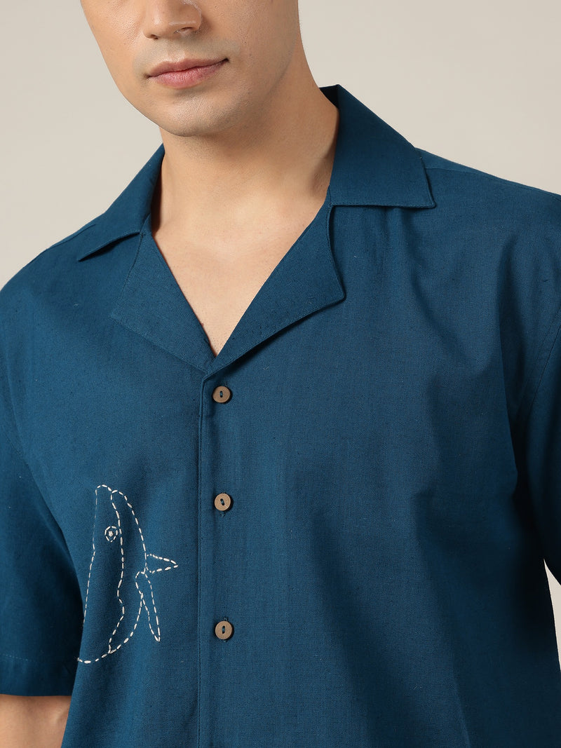 Blue: Embroidered Drop Shoulder Oversized Shirt