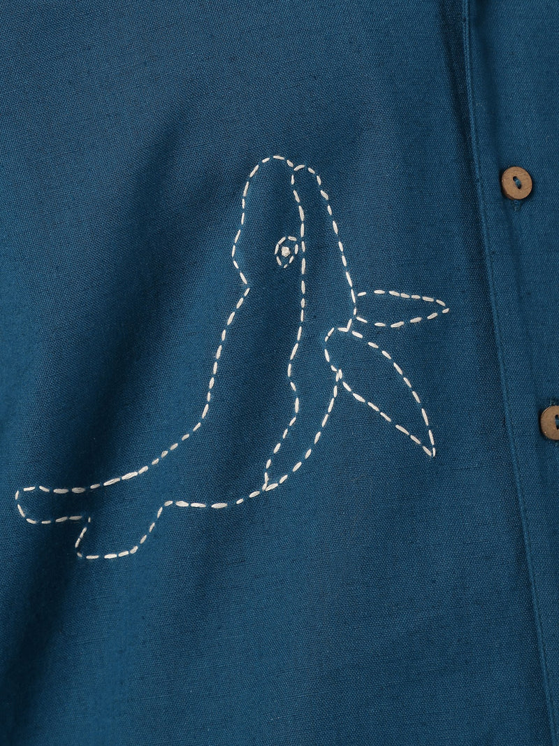 Blue: Embroidered Drop Shoulder Oversized Shirt