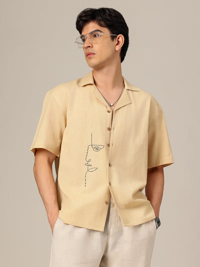 Beige: Embroidered Drop Shoulder Oversized Shirt
