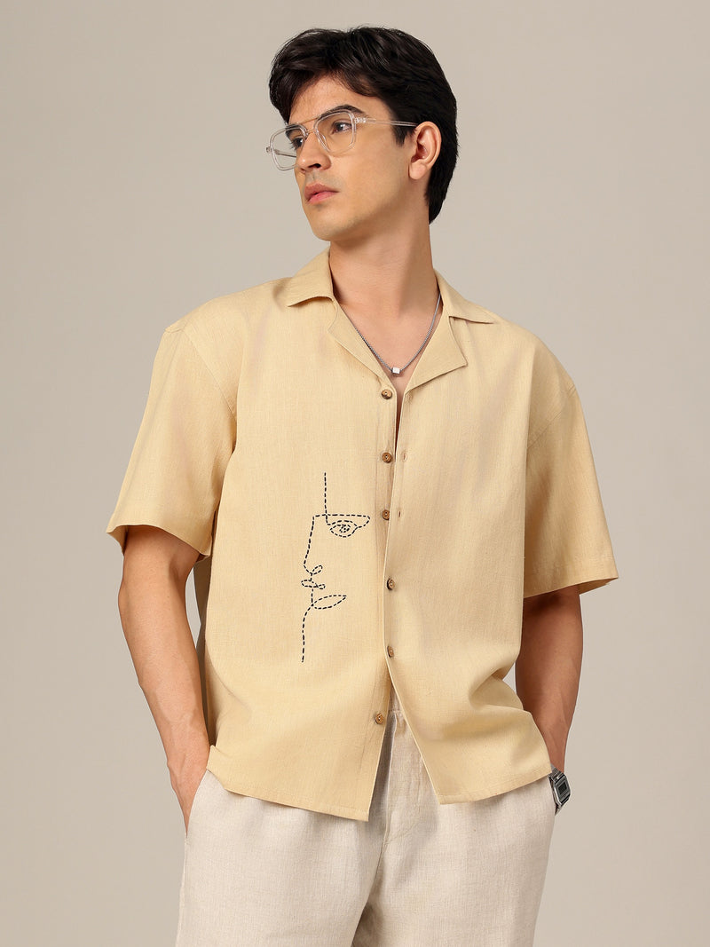 Beige: Embroidered Drop Shoulder Oversized Shirt