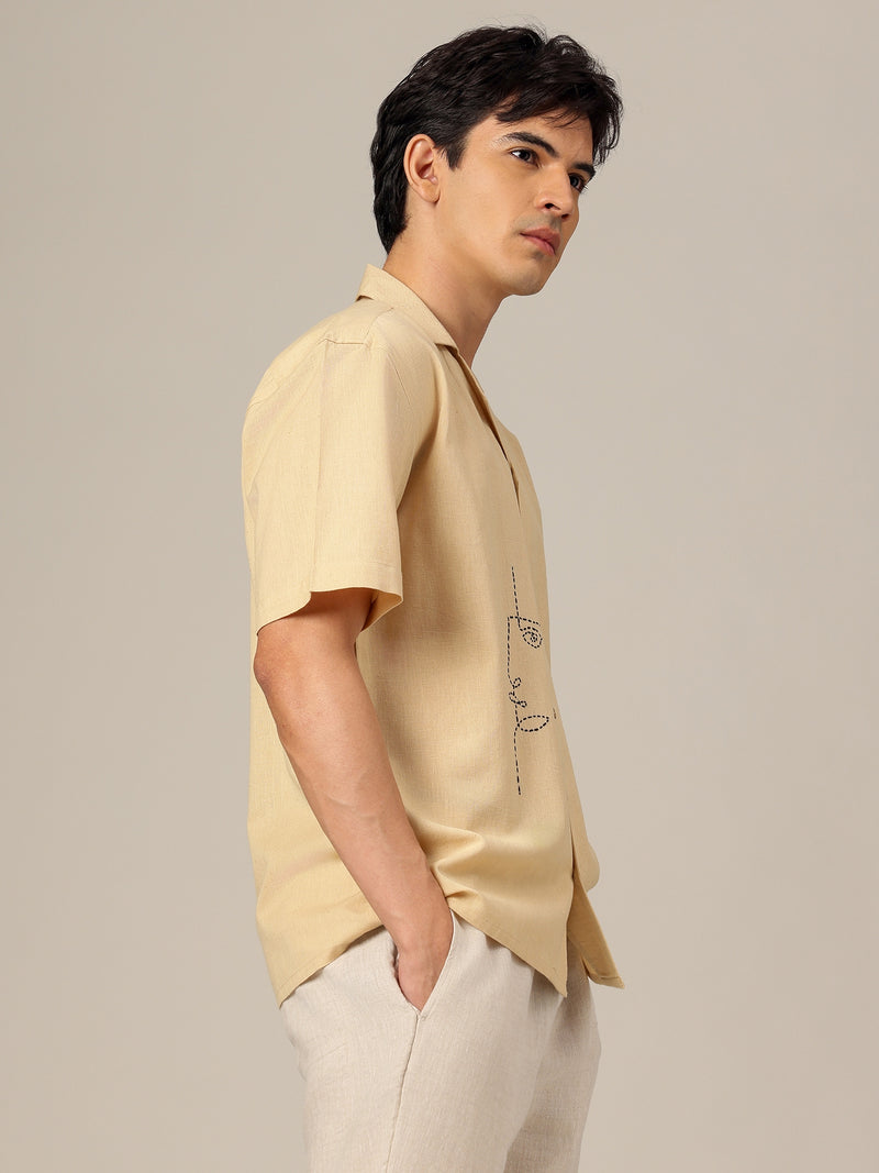 Beige: Embroidered Drop Shoulder Oversized Shirt