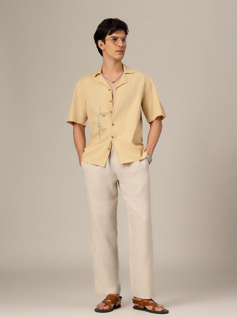 Beige: Embroidered Drop Shoulder Oversized Shirt