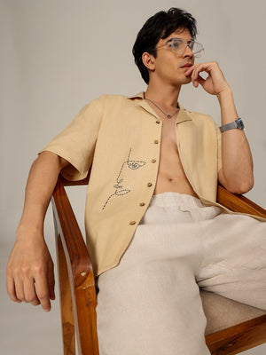 Beige: Embroidered Drop Shoulder Oversized Shirt