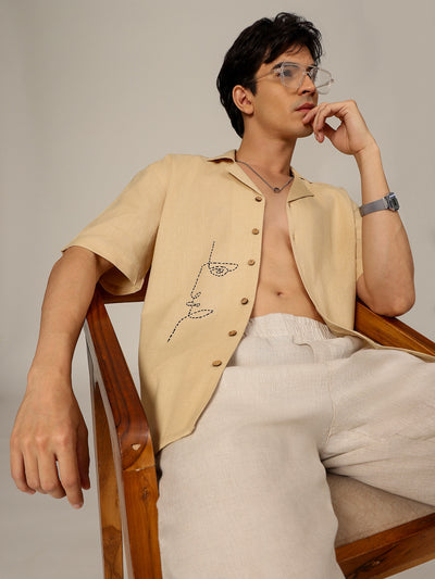 Beige: Embroidered Drop Shoulder Oversized Shirt