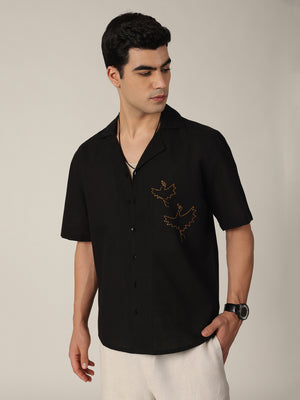 Black: Embroidered Drop Shoulder Oversized Shirt