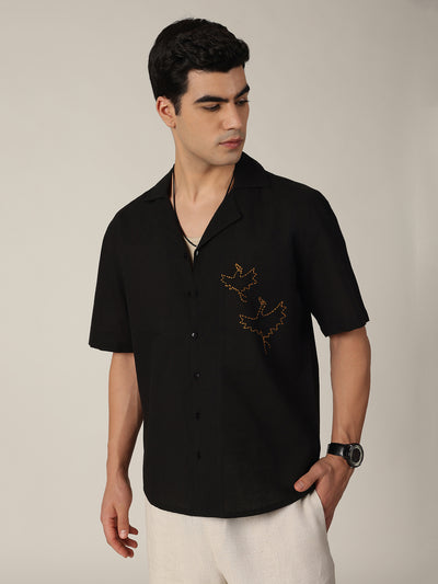 Black: Embroidered Drop Shoulder Oversized Shirt