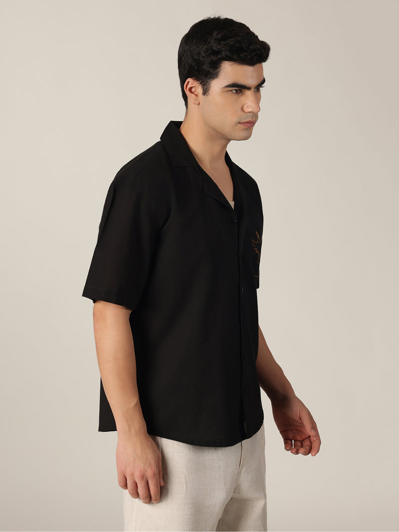 Black: Embroidered Drop Shoulder Oversized Shirt