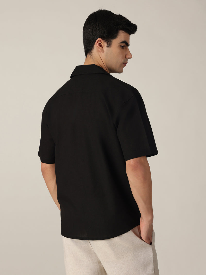 Black: Embroidered Drop Shoulder Oversized Shirt