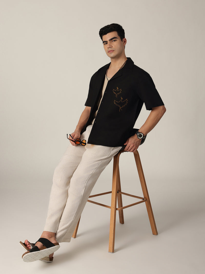 Black: Embroidered Drop Shoulder Oversized Shirt