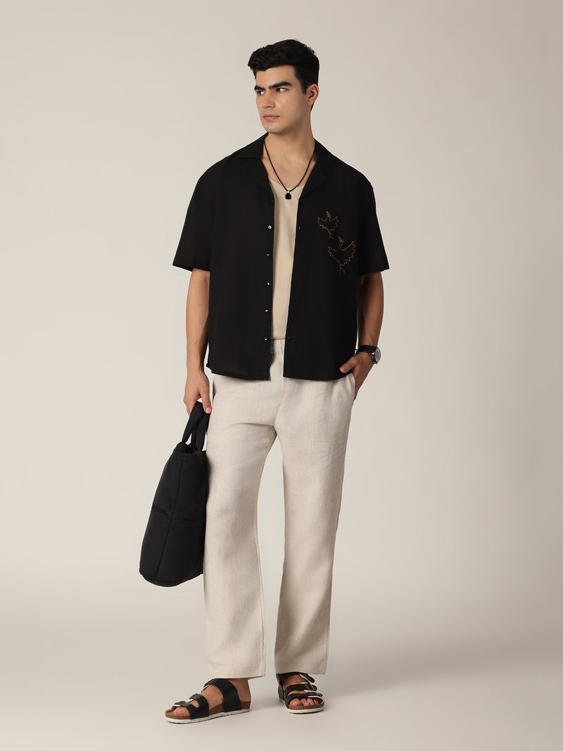 Black: Embroidered Drop Shoulder Oversized Shirt