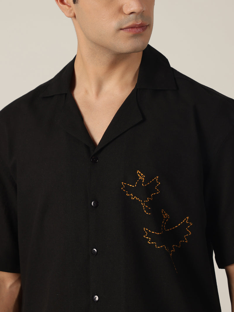 Black: Embroidered Drop Shoulder Oversized Shirt