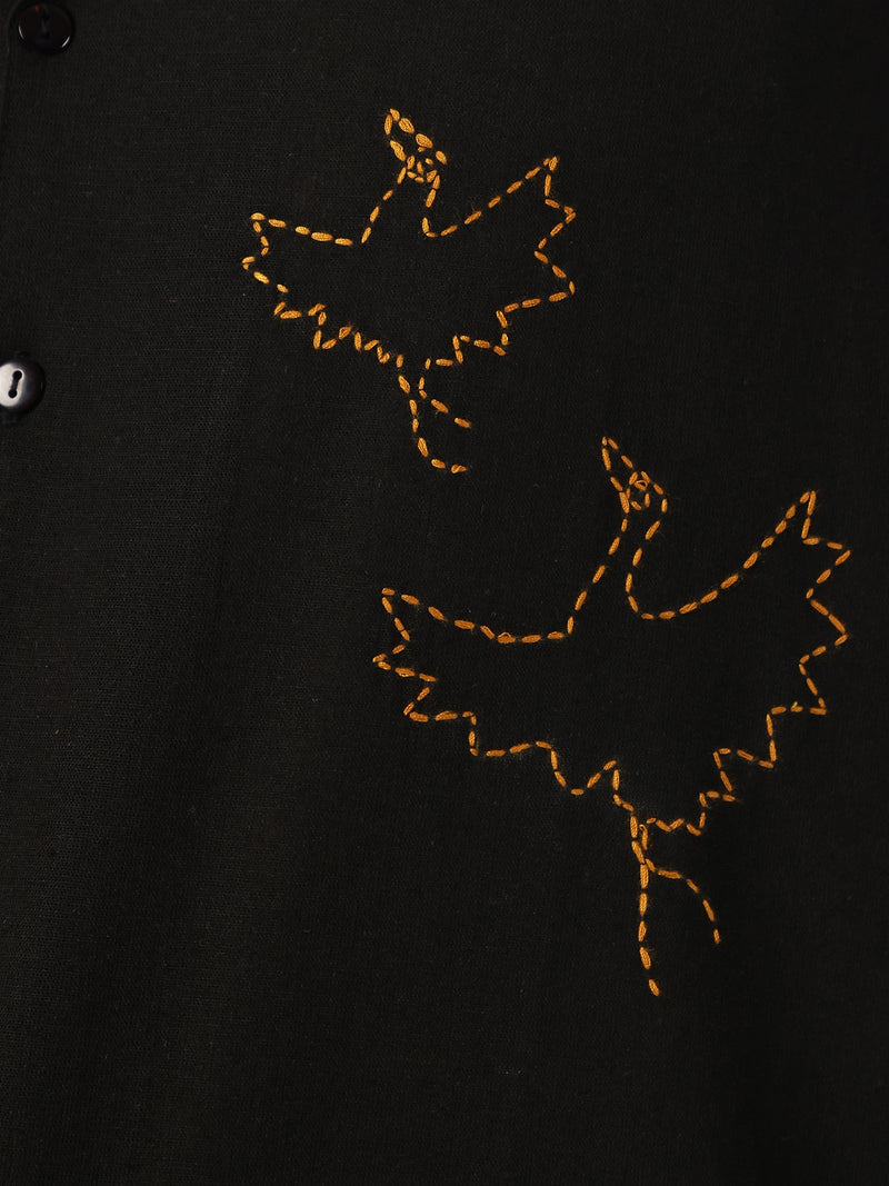 Black: Embroidered Drop Shoulder Oversized Shirt