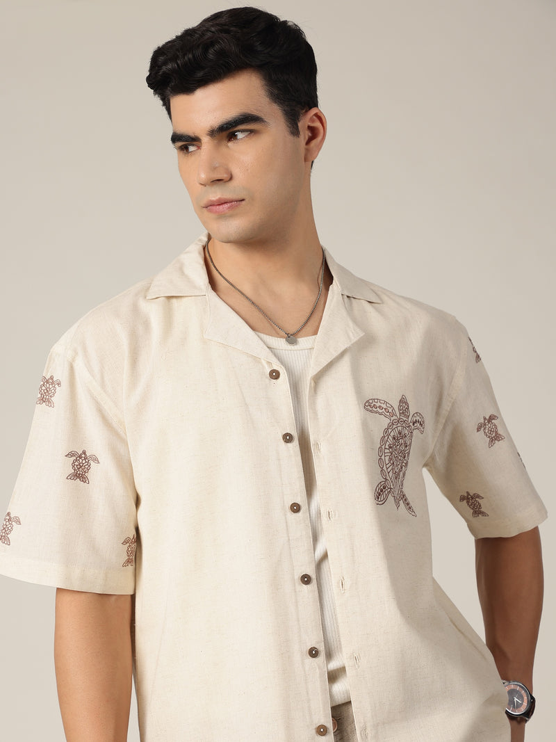 Cream: Embroidered Drop Shoulder Oversized Shirt