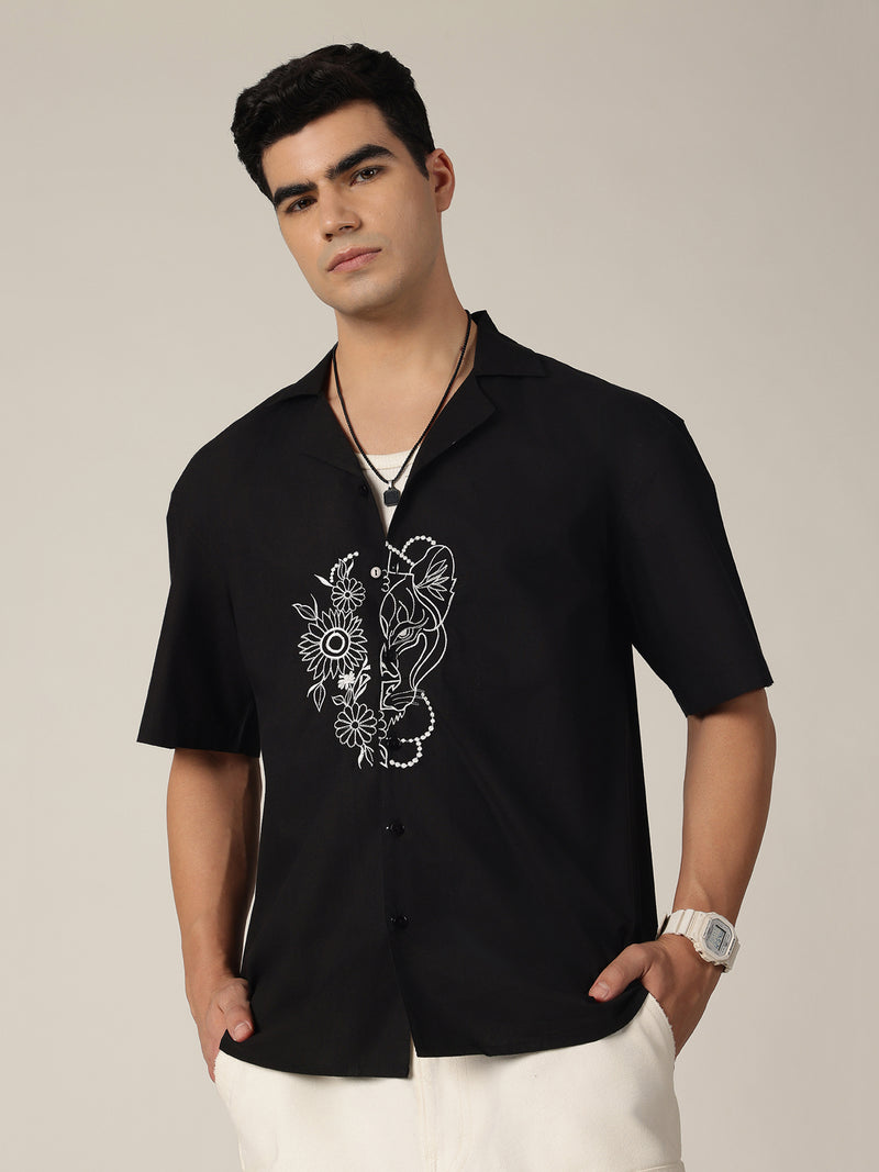 Black: Embroidered Drop Shoulder Oversized Shirt