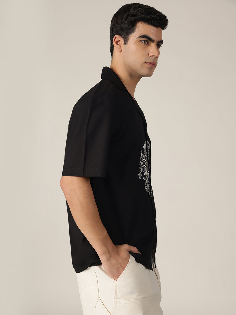 Black: Embroidered Drop Shoulder Oversized Shirt