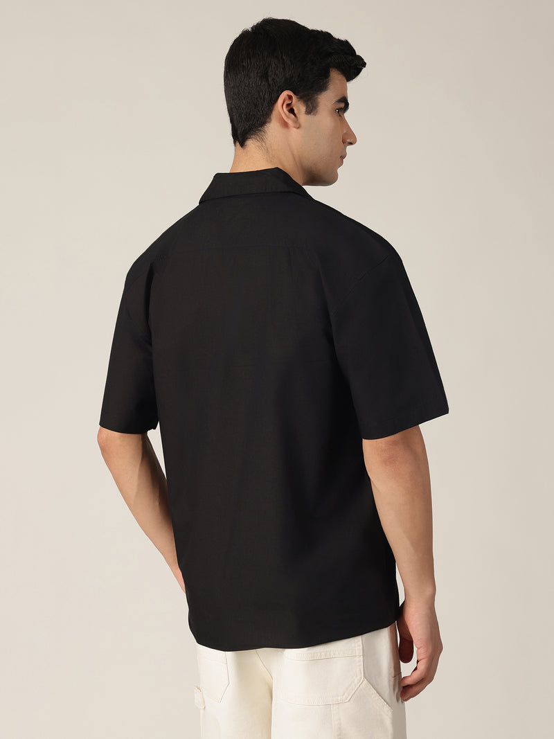 Black: Embroidered Drop Shoulder Oversized Shirt