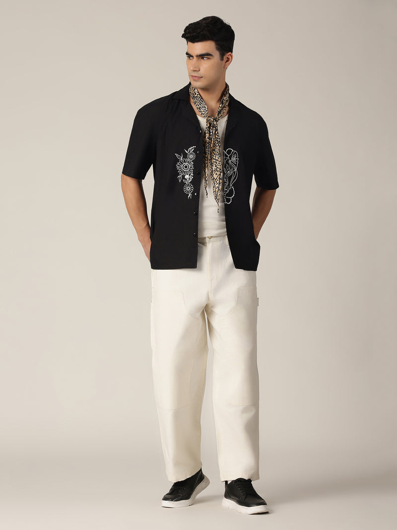 Black: Embroidered Drop Shoulder Oversized Shirt