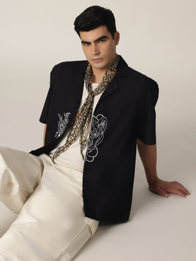 Black: Embroidered Drop Shoulder Oversized Shirt