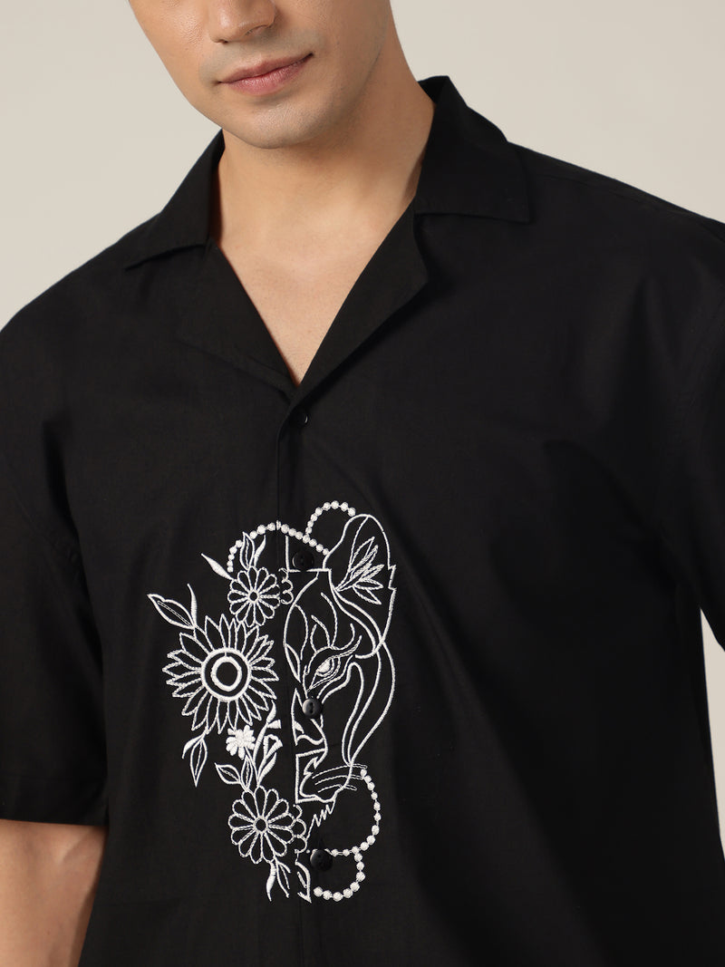 Black: Embroidered Drop Shoulder Oversized Shirt