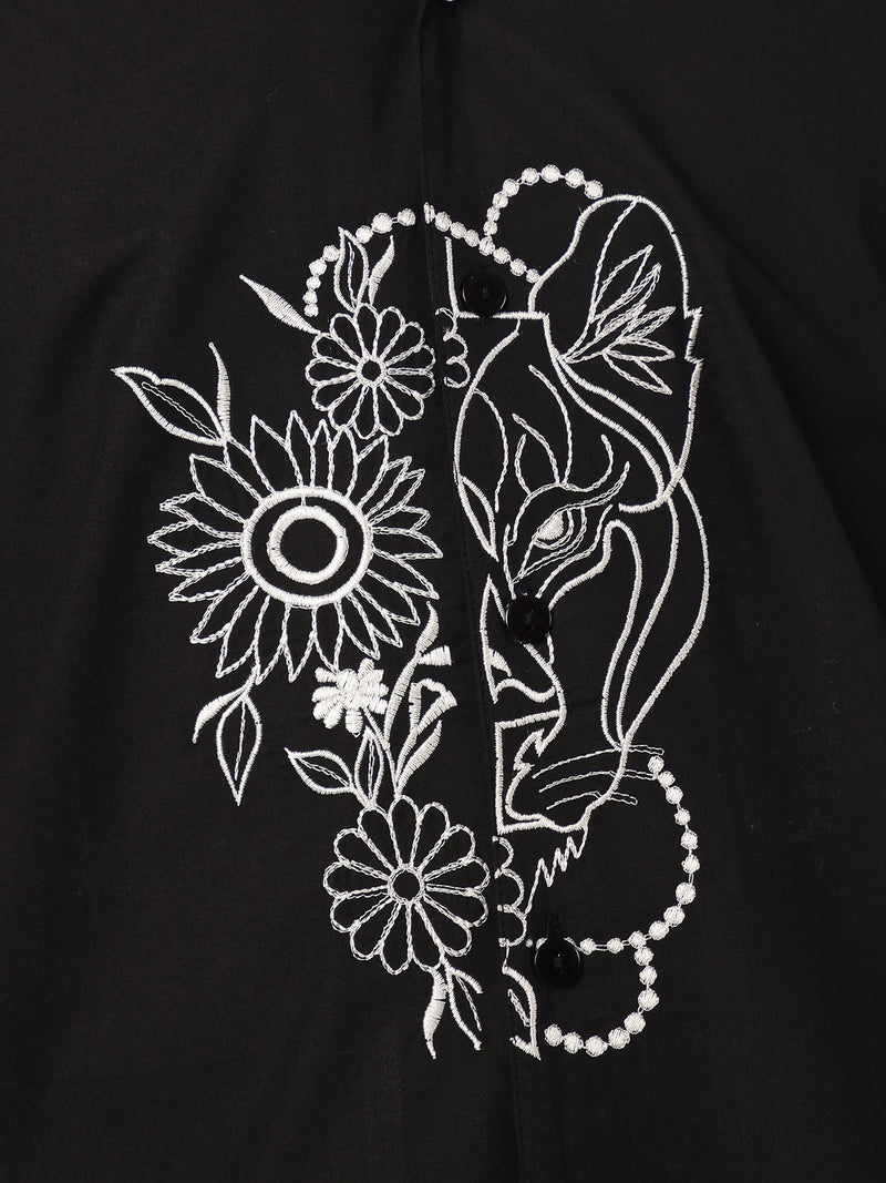 Black: Embroidered Drop Shoulder Oversized Shirt