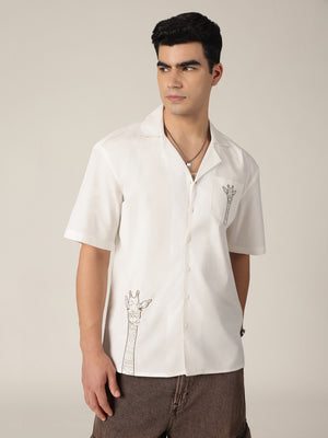 White & Brown: Embroidered Drop Shoulder Oversized Shirt