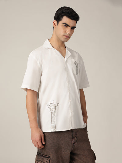 White & Brown: Embroidered Drop Shoulder Oversized Shirt