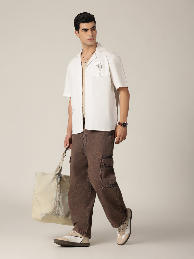 White & Brown: Embroidered Drop Shoulder Oversized Shirt