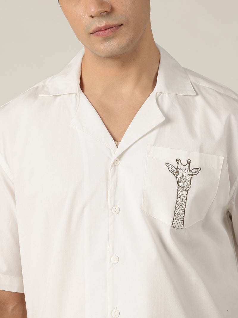 White & Brown: Embroidered Drop Shoulder Oversized Shirt