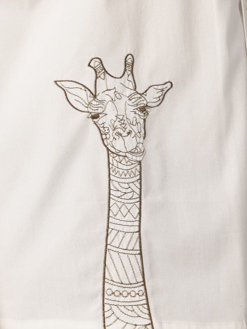 White & Brown: Embroidered Drop Shoulder Oversized Shirt