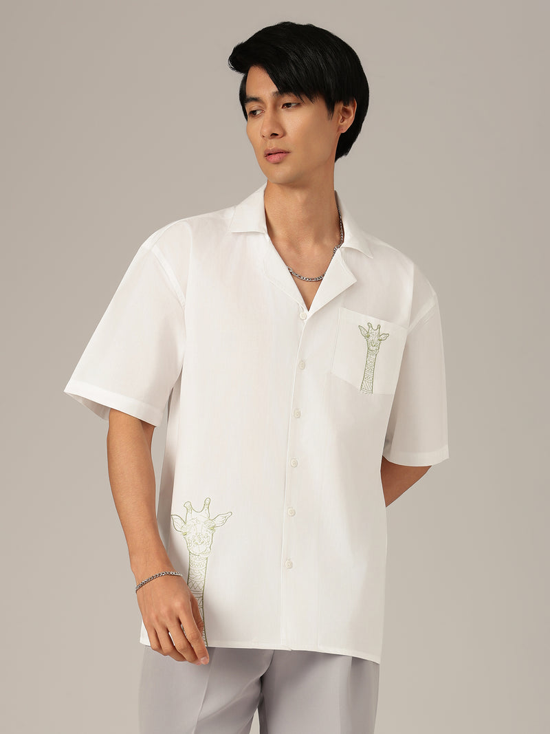 White & Green: Embroidered Drop Shoulder Oversized Shirt