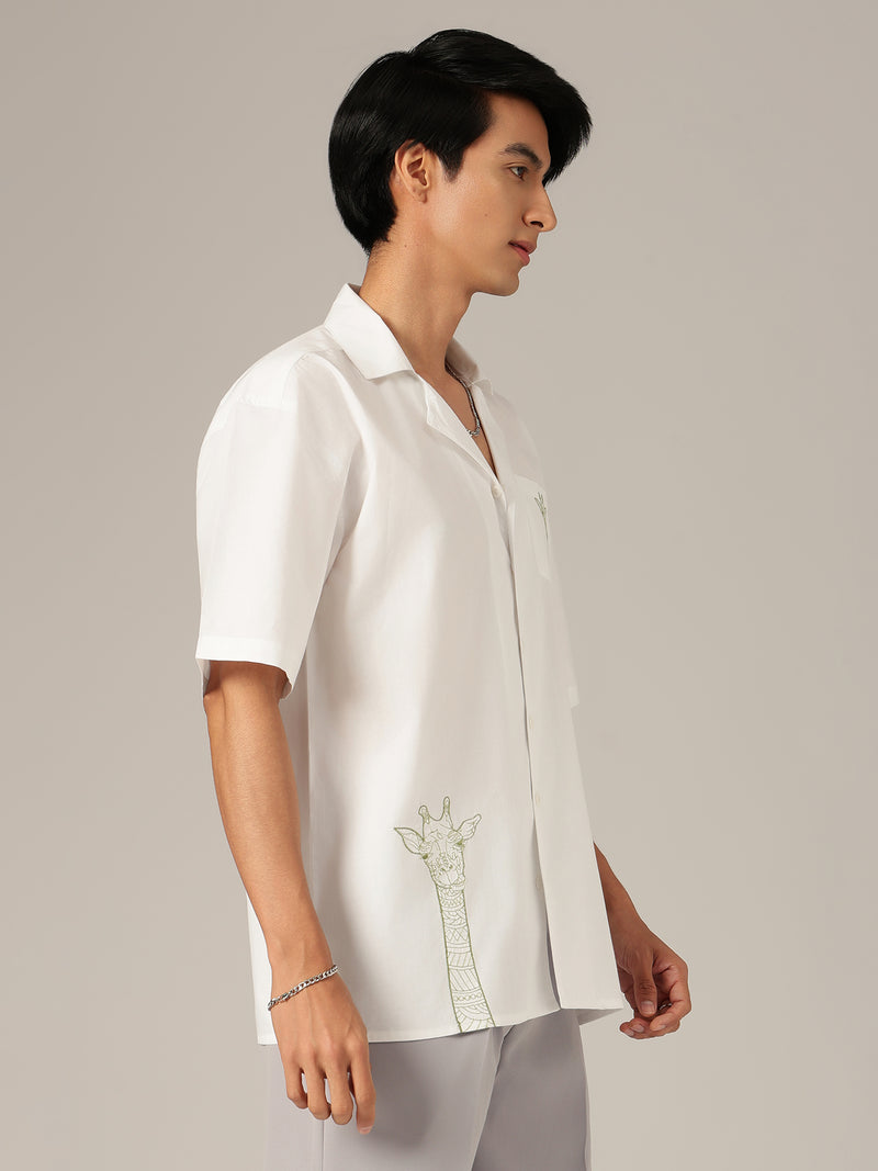White & Green: Embroidered Drop Shoulder Oversized Shirt