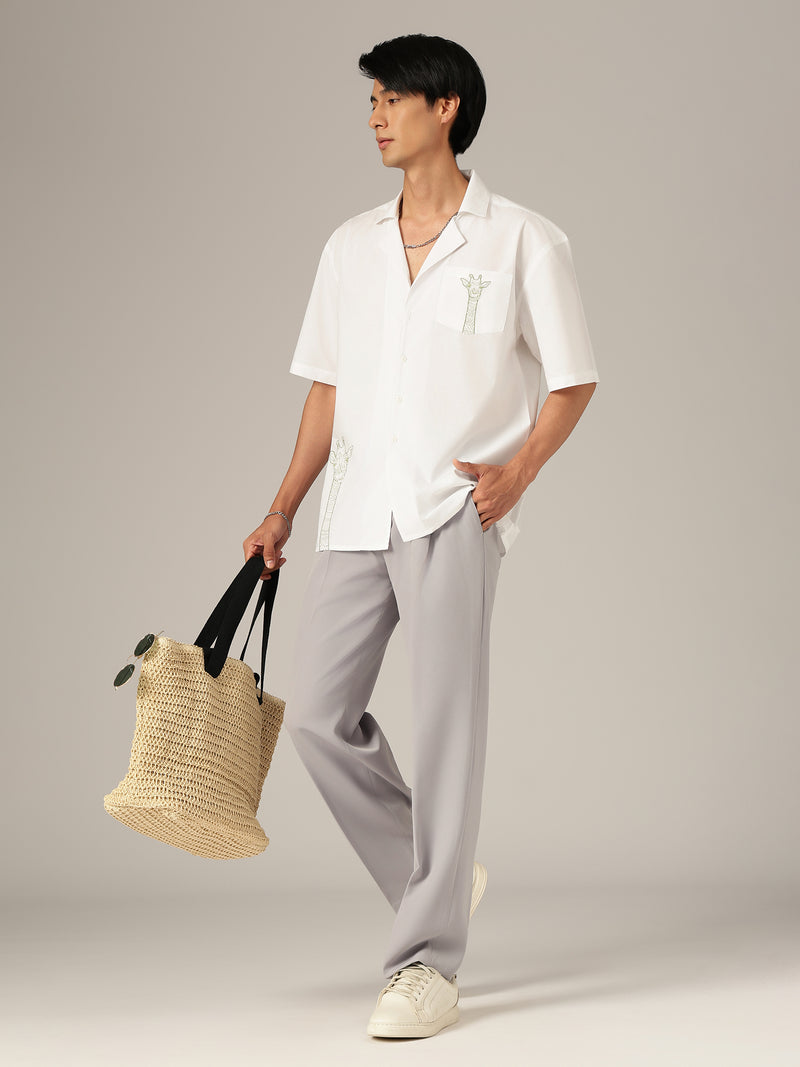 White & Green: Embroidered Drop Shoulder Oversized Shirt