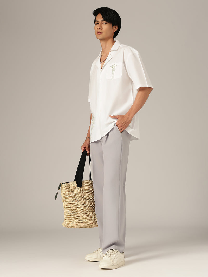 White & Green: Embroidered Drop Shoulder Oversized Shirt