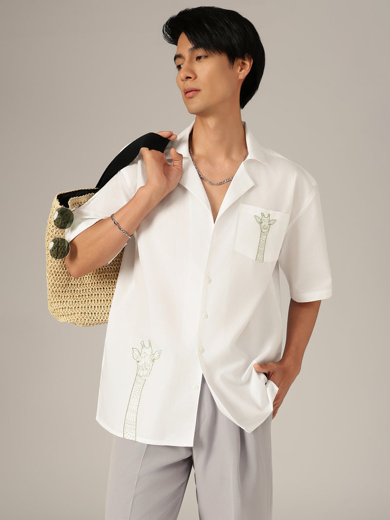White & Green: Embroidered Drop Shoulder Oversized Shirt