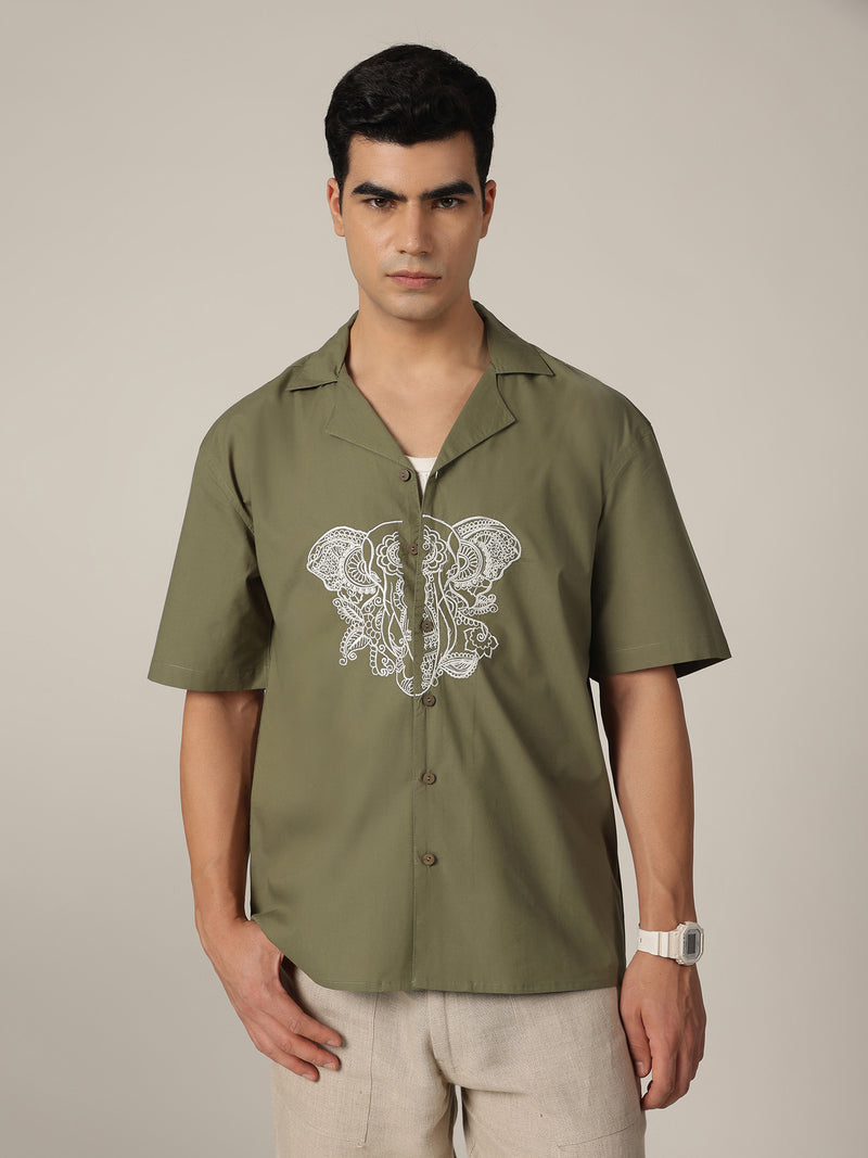 Olive & White: Embroidered Drop Shoulder Oversized Shirt