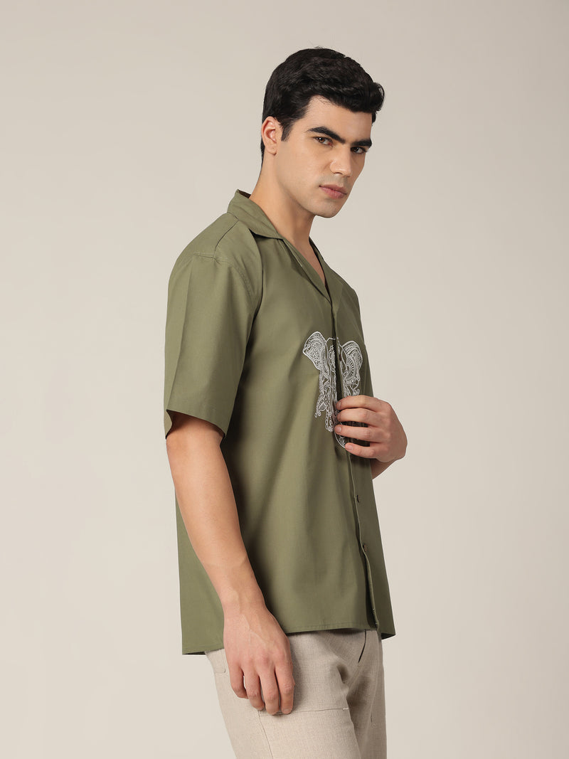 Olive & White: Embroidered Drop Shoulder Oversized Shirt