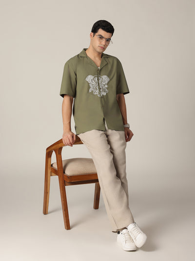 Olive & White: Embroidered Drop Shoulder Oversized Shirt