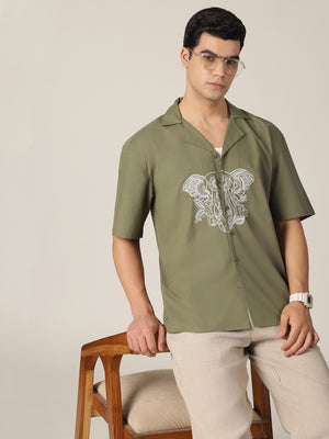 Olive & White: Embroidered Drop Shoulder Oversized Shirt