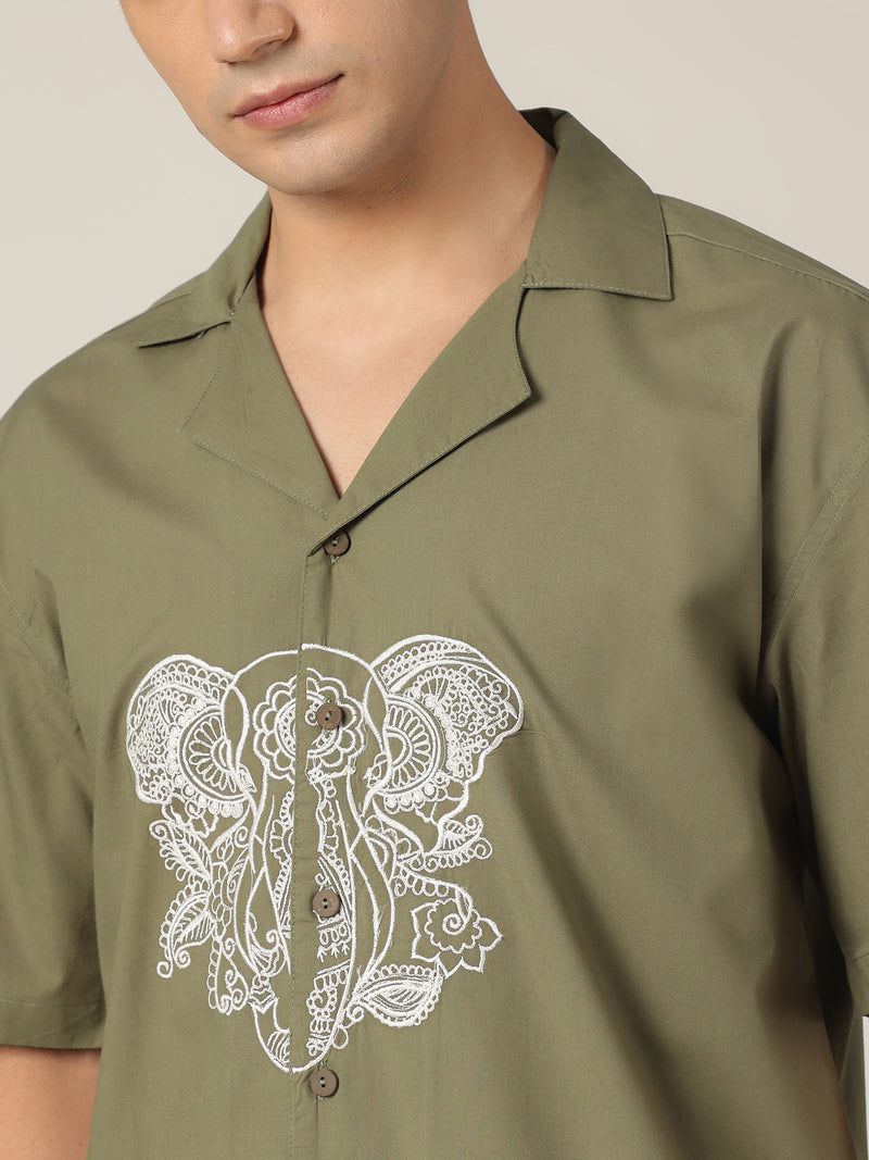 Olive & White: Embroidered Drop Shoulder Oversized Shirt