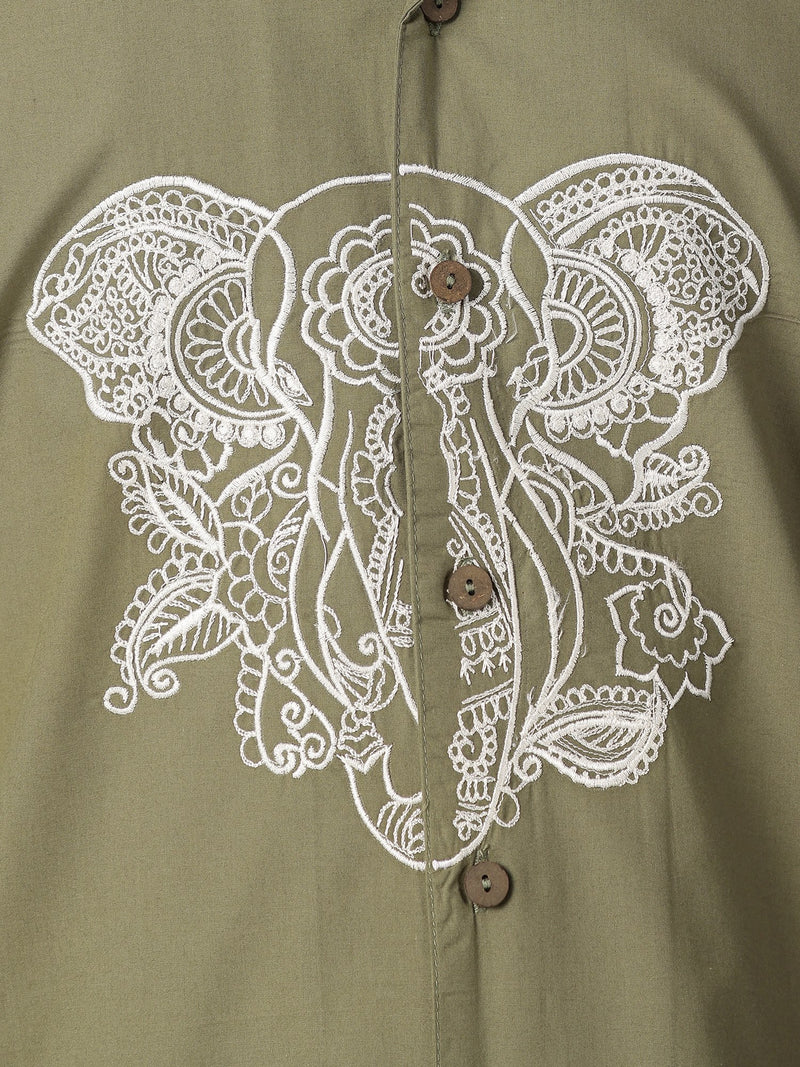 Olive & White: Embroidered Drop Shoulder Oversized Shirt