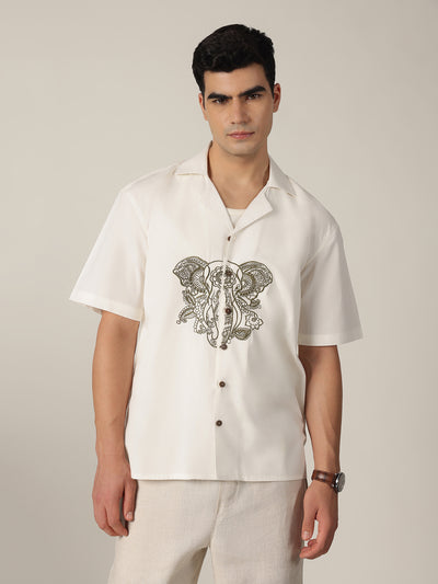 White & Olive: Embroidered Drop Shoulder Oversized Shirt