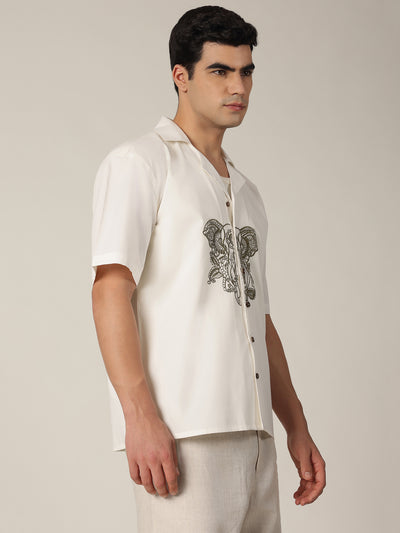 White & Olive: Embroidered Drop Shoulder Oversized Shirt