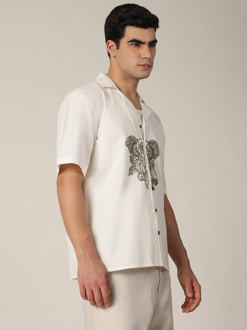 White & Olive: Embroidered Drop Shoulder Oversized Shirt