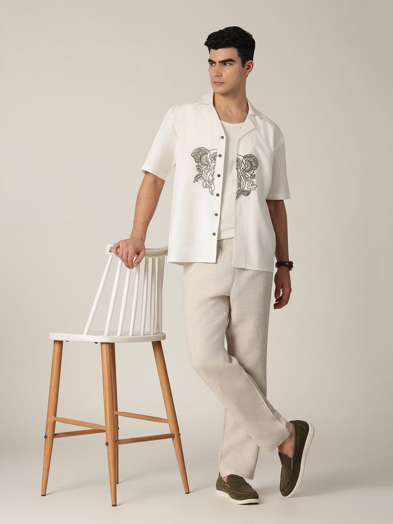 White & Olive: Embroidered Drop Shoulder Oversized Shirt